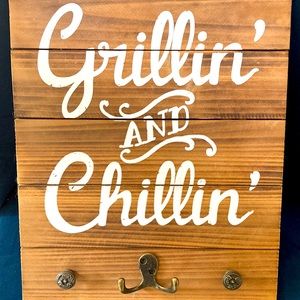 BBQ Grilling summer wooden sign w/utensil hooks Brand New